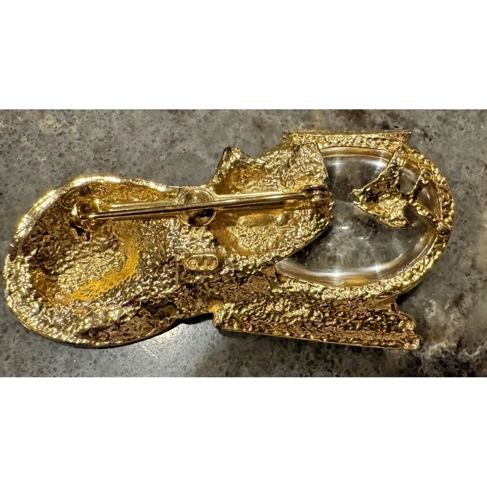 Vintage JJ Cat Fish Bowl Brooch Gold Tone Lucite Crystal Aquarium Pin‎ Signed